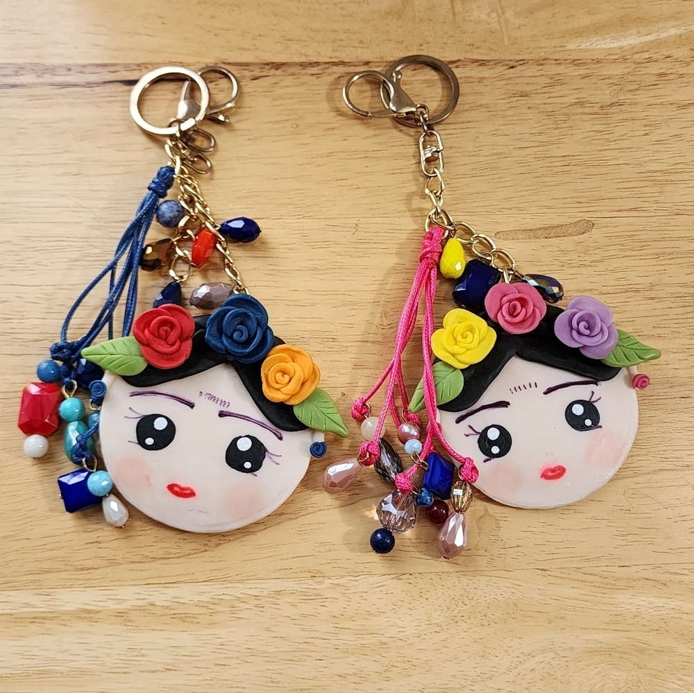 2 Handmade French Clay Frida Kahlo Keychain Colorful Artisan Bag Charm